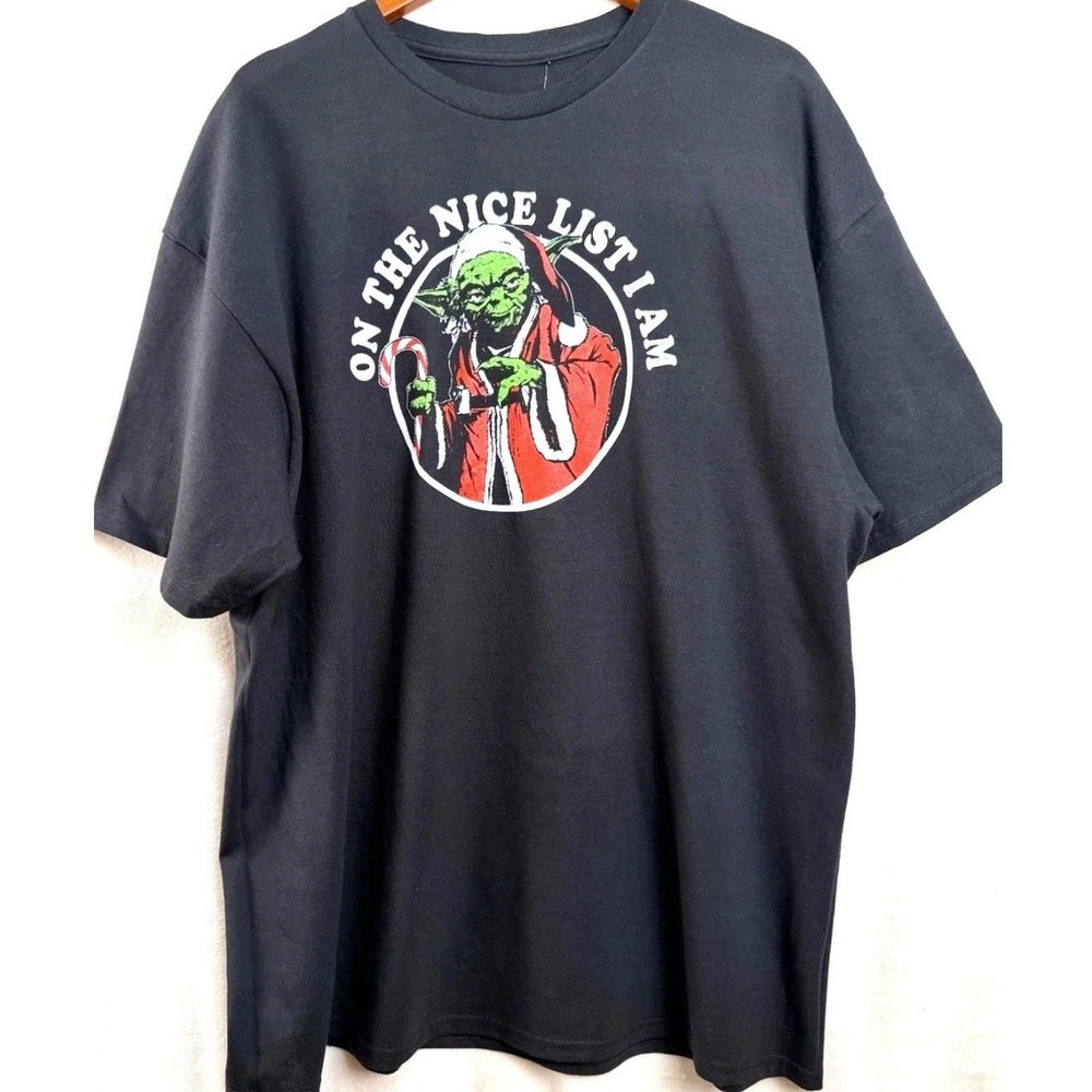 Star Wars Yoda Christmas Men's Black T-shirt Tee "On The Nice List I Am" 2XL NEW